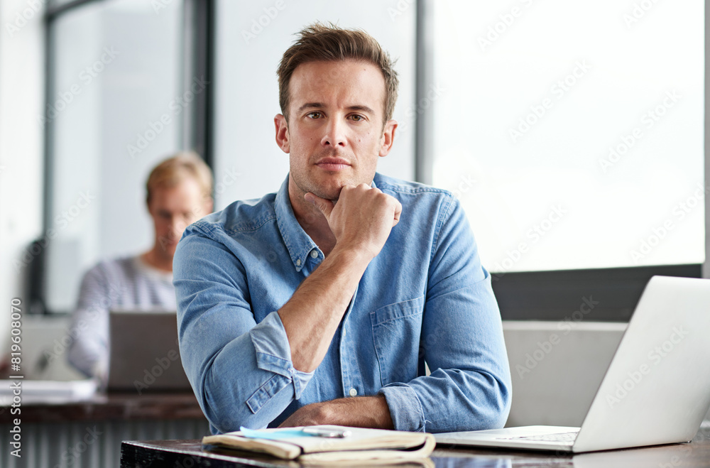 Poster serious, portrait and businessman with computer in office, solution and digital information. softwar