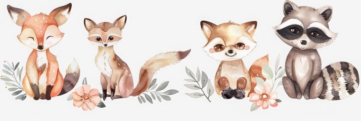 Watercolor set of forest cartoon isolated cute baby fox, deer, raccoon and owl animal with flowers. Nursery woodland illustration. Bohemian boho drawing for nursery poster, pattern