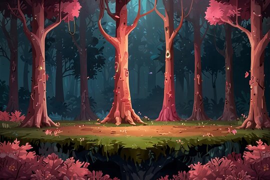 Pink forest game background with floating platforms