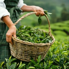 Three women are picking tea leaves in a field