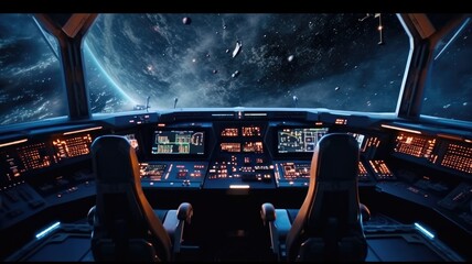 Futuristic spaceship cockpit interior with a view of space station and stars. A large spaceship window show view of space and modern cockpit with control panel with glowing light. Technology. AIG35. - Powered by Adobe