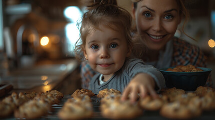 A child carefully watching the oven window, waiting for cookies to bake, with mom explaining the process.