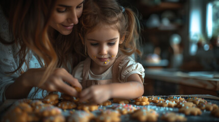A child, completely engrossed in decorating cookies with sprinkles, her mother watching fondly