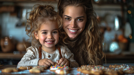 A child, completely engrossed in decorating cookies with sprinkles, her mother watching fondly, recognizing the importance 