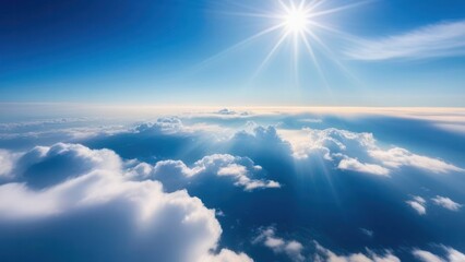 Fototapeta premium Flight high above the clouds during sunset or sunrise. Aspirations and climate background concept of heaven and heavenly space and freedom in colorful evening or morning panoramic cloudscape