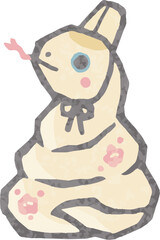 2025年賀状素材　巳年　巳　白へび　土鈴　版画　モダン　手描き　かわいい　イラスト素材