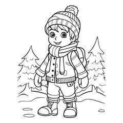 Black line art design of a boy in winter landscape, vector illustration for coloring book pages on white background
