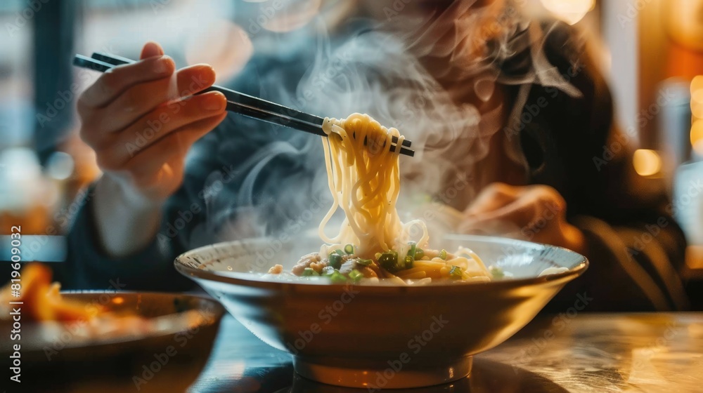 Wall mural man eats asian instant noodles with chopsticks close up. delicious chinese dish. traditional hot ram - Wall murals