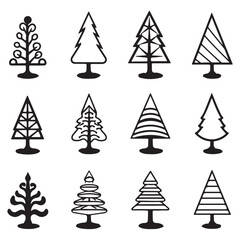 Simple christmas pine tree icons set, black vector illustration on white background