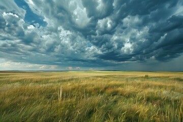 Stormy Sky Over Windblown Grassland