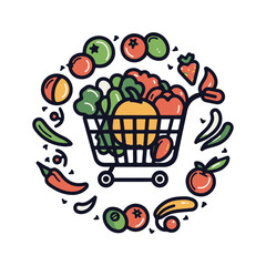 Simple grocery logo icon with cart and vegetables, vector illustration on white background