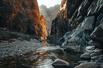 A river runs through a canyon with a rocky shoreline