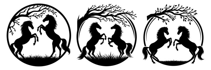 Obraz premium Vector silhouette of horse Set on white background. . Framed within a circular shape, with a tree branch.