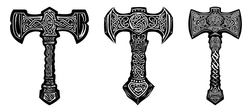 A black and white Mjolnir Celtic cross Set doodle style