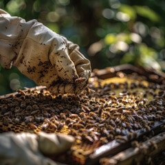 hands, wearing protective gloves, transferring a new queen bee into a hive to ensure