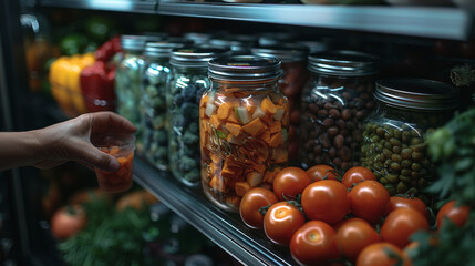A close-up of a hand selecting a jar of homemade vegetable broth from a refrigerator stocked 