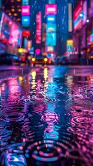 Ripples in a puddle enlighted by neon lights. a neon-lit city street during a rainstorm, focusing on a puddle with raindrops creating ripples