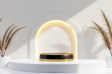 Empty podium golden and black on white background with header branding. Luxury display shelf design. 3D illustrations