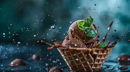 Chocolate mint ice cream on a monochromatic dark green background with water droplets splashing around