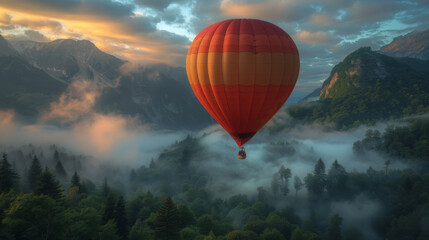 Naklejka premium air balloon flying over beautiful mountains with of a foggy mountain landscape 