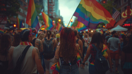 A colorful Pride parade with rainbow flags, symbolizing equality and acceptance for the LGBTQ+ community. 