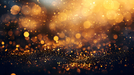 glitter vintage lights background, Golden particles and sprinkles add festive flair, Golden blurred bokeh lights on black background, Glitter sparkle stars for celebrate