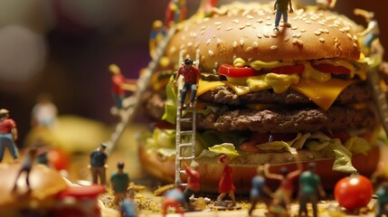 Miniatures and giant food create whimsical scenes, like a tiny team climbing a huge burger.
