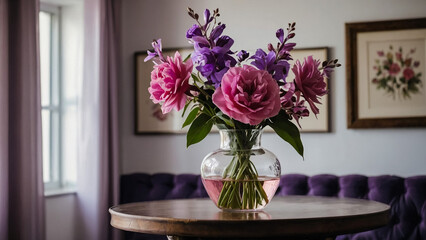 Bouquet of pink and violet flowers in a white jug on a table.
