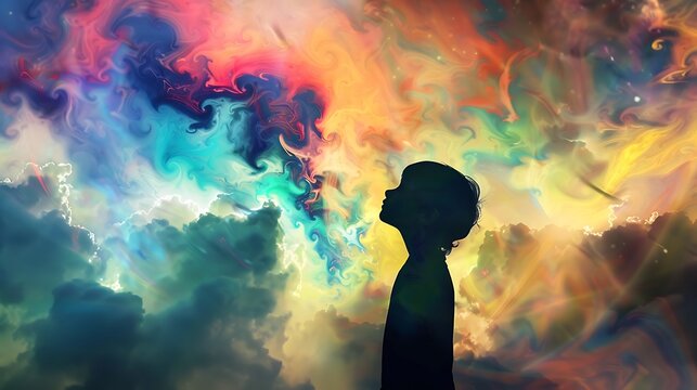 Silhouette of a child with colorful, swirling clouds representing imagination and creativity