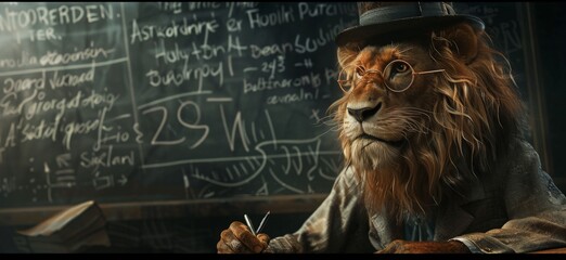 Lion donning round spectacles and a professor’s hat, deeply engrossed in writing complex equations on a blackboard