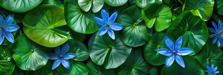 Background of green leaves and blue lily flowers. Juicy bright foliage.The texture of large leaves and buds. Beauty is in nature.