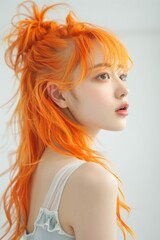 オレンジの髪色のファッショナブルな日本人女性（ヘアモデル・ヘアカタログ・美容室）