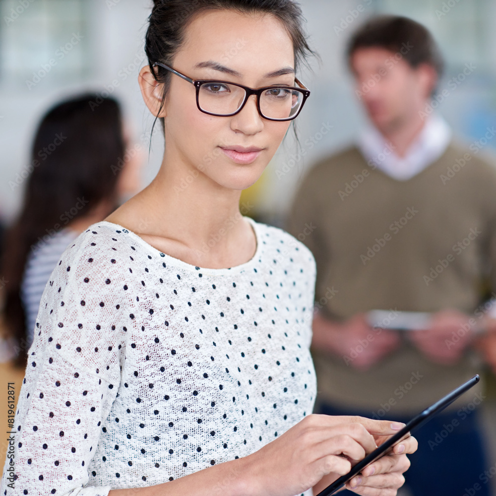 Poster creative, woman and portrait with tablet in office for web design or development for startup agency,