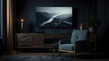 Mockup a TV wall mounted in a dark room with armchair on dark wall background.