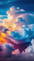 Vertical shot flight high above blue purple clouds. Clouds and sunset from plane. Concept of heaven and heavenly space and freedom in colorful evening or morning panoramic cloudscape.