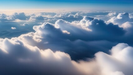 Fototapeta premium Flight high above the clouds. Cloudscape at sunset. Peach fuzz and blue colors