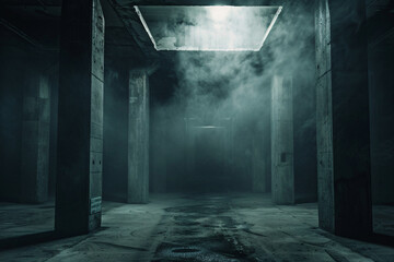 Mysterious dark corridor with dim lights and eerie atmosphere with smoke and dim light