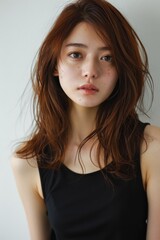 ナチュラルな茶色の髪色のファッショナブルな日本人女性（ヘアモデル・ヘアカタログ・美容室）