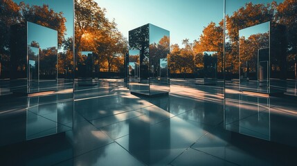 A series of mirrored boxes reflecting the surrounding environment, creating an infinite array of reflections that dazzle the eye and confuse the mind. 32k, full ultra HD, high resolution