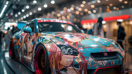 Itasha sports car exhibition wrapped with anime girls themed decorations