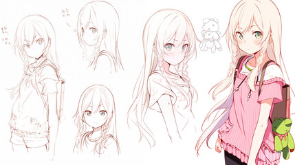 Hand drawn line art of an anime girl in multiple poses and finished digital illustration