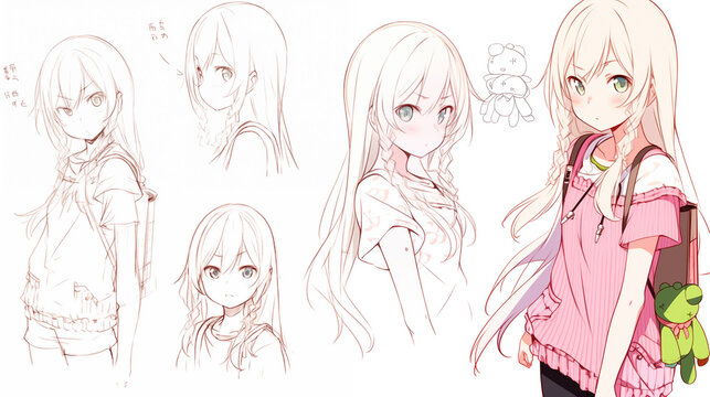 Hand drawn line art of an anime girl in multiple poses and finished digital illustration