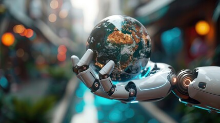 Artificial intelligence concept with robotic hand holding globe 