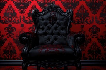 Black and red luxury background with an armchair in the center, closeup, high resolution, ultra realistic photography