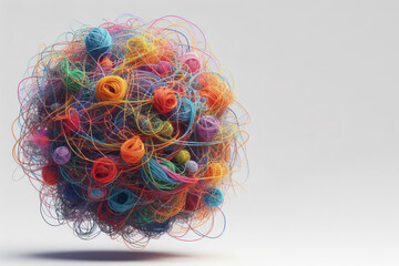 A large tangled ball consisting of many multi-colored threads. Space for text.