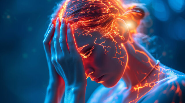 a woman holding her head in pain , 3d rendered illustration
