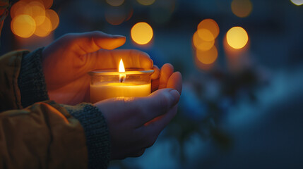 A person's hands holding and protecting a candle in the night