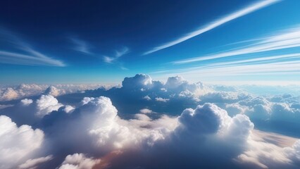 Fototapeta premium Flight high above the clouds during sunset or sunrise. Aspirations and climate background concept of heaven and heavenly space and freedom in colorful evening or morning panoramic cloudscape