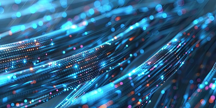 Abstract image of fiber optic cables with glowing blue and orange lights, representing high-speed internet and data transmission.