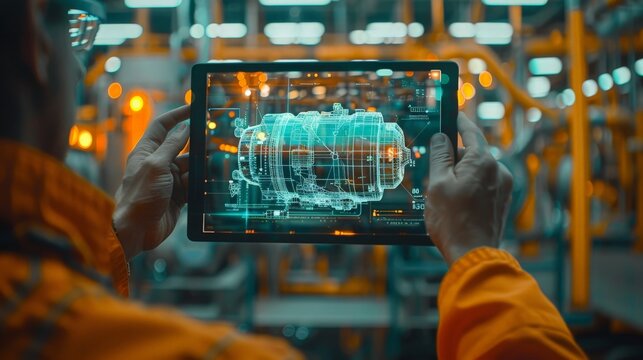 AR Concept: Industrial Engineer Uses Augmented Reality Digital Tablet to Scan Large Metal Construction, Special Effects Show Visualization / Digitalization of Oil, Gas and Fuel Transport Pipeline